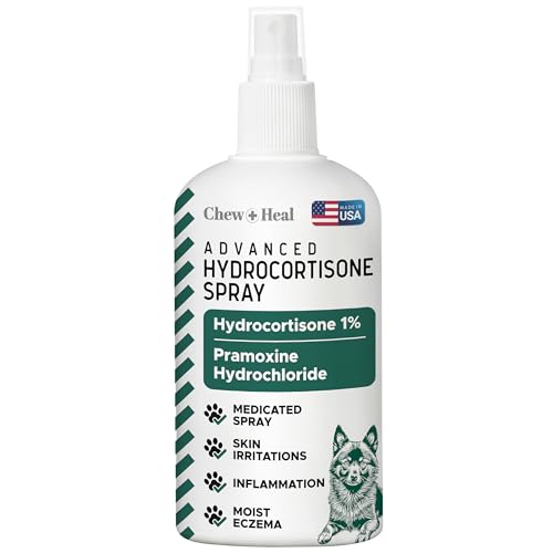 Chew + Heal Labs Hydrocortisone Hot Spot Spray for Dogs - Itch Relief, 4 oz with Pramoxine - Soothes Irritated Skin, Allergies, Dermatitis, Flea Bites, Made in USA