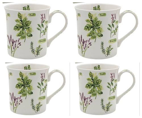 Image of Tamersgifts Set of 4 Fine China Floral Mugs 350ml Flower Design Coffee & Tea Cups for Everyday Home Use (Botanical Herbs)