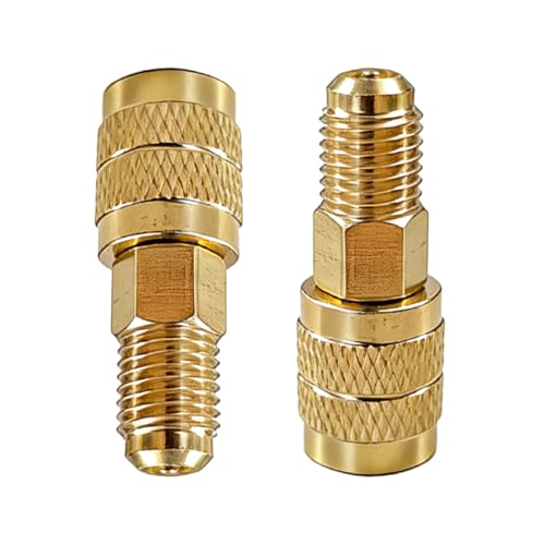 Craedli 2PCS R32 R454B Refrigerant Brass Adapter 1/4 Inch SAE Female to 1/4 Inch Male Reverse Thread Quick Connect Fitting Low Loss HVAC Adapter for R-32/R-454B Tanks & Mini Split System (Gold)