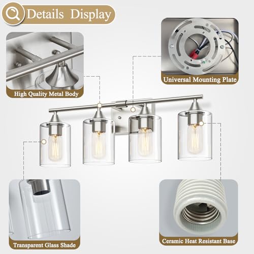 Image of 4-Light Bathroom Light Fixtures,Brushed Nickel Vanity Lighting Fixtures,Modern Wall Lighting Sconces for Mirror Bedroom Living Room Vanity Table Hallway