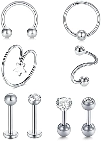 LAURITAMI 10pcs Helix Cartilage Tragus Studs Ring Hoops 6mm 16G Surgical Steel Earring Bars Piercing Jewellery CZ