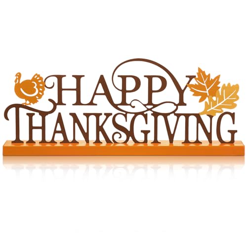 Happy Thanksgiving Table Decor Farmhouse Tabletop Block Sign Rustic Tiered Tray Decor with Wooden Base Freestanding Metal Word Sign and Wooden Pumpkin Cutout for Home Table Shelf Office