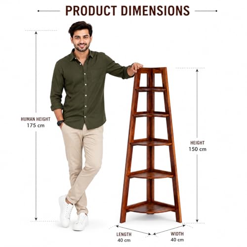 Image of SHYAM ART & CRAFT Solid Sheesham Wood 5 Tier Ladder Corner Shelf | Wooden Bookshelf Display Rack and Storage Stand | Premium Book Case & Plant Holder for Living Room, Home & Office | Brown Finish