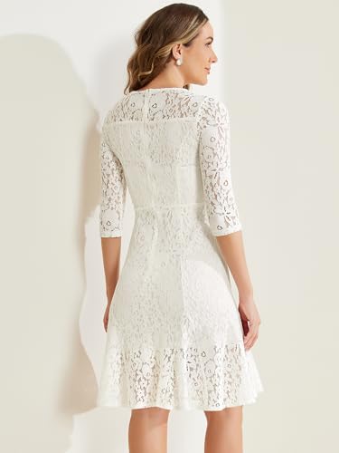 Image of Allegra K Women Elegant Lace Ruffles 3 /4 Sleeves Bodycon Fishtail Dress | Slightly stretchy. Invisible zipper. Floral ruffled hem. Cocktail, Evening, Party, Date. Feminine charm.