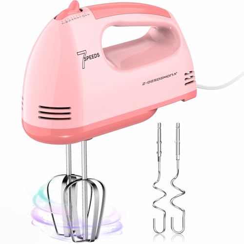 Z-DESDEMONA Elektrischer Handmixer, Kleine Lebensmittelmischer 7 Geschwindigkeiten Handmischer, 304 * (2 * Beater, 2 * Teighaken) Küchenmischer für Sahne, Kekse
