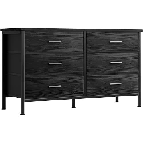 BOLUO Large Black Dresser for Bedroom 6 Drawer, Wide Fabric Dressers & Chests of Drawers Modern
