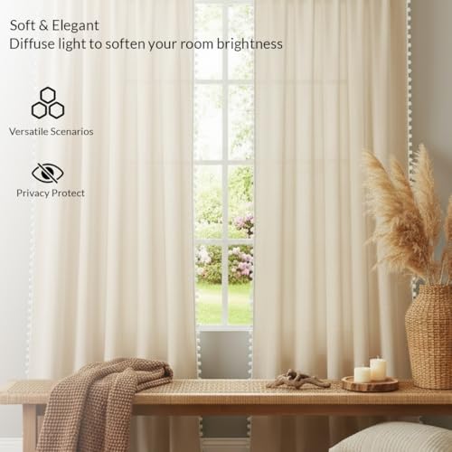 Image of HOMEMONDE Sheer Curtains with Decorative Side Border Pompom Curtain for Customize, Linen Textured Light Filtering, Rod Pocket, 1 Piece - Beige
