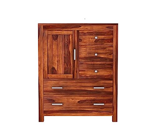 Image of Solid Sheesham Wood Wooden Sideboard Storage Cabinet & Chest of Drawer : Ideal for Living Room and Bedroom with 5 Drawers and 1-Shelf Storage (Avalon, Honey Finish)