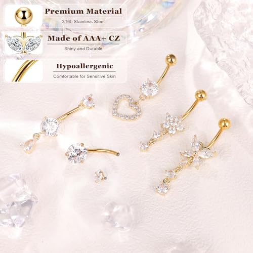 5Pcs 14G Surgical Steel Dangle Belly Button Rings for Women Dangling Belly Rings CZ Navel Rings Hypoallergenic Heart Flower Butterfly Teardrop Navel Piercing Jewelry 10/14mm2
