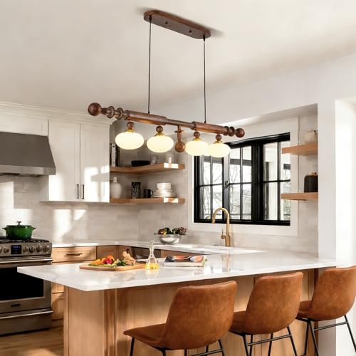Image of Wood and Globe Linear Chandelier Wooden Farmhouse Dining Room Light Fixture Rustic 4-Light Linear Kitchen Island Lighting Mid Century Modern Globe Hanging Pendant Light with Milk Glass Lampshade