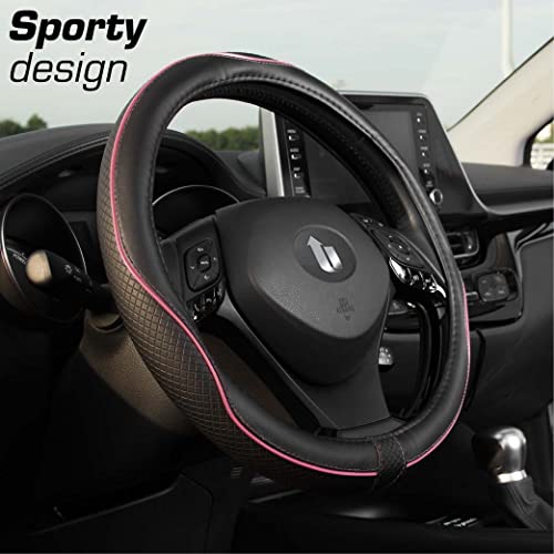 Upgrade4cars Różowo-Czarny Pokrowiec na Kierownicę Imitacja Skóry | Uniwersalna Różowa Nakładka na Kierownicę 37-38 cm na Lato i Zimę | Akcesoria Samochodowe | Prezent dla Kobiety