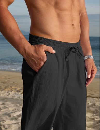 COOFANDY Men's Casual Cotton Pants Elastic Waist Drawstring Linen Beach Summer Pants Lightweight Yoga Trousers2
