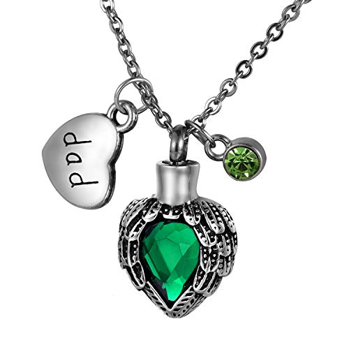 Engraving Cremation Jewelry Stainless steel Angel Wing Heart Urn Pendant with Birthstone Memorial Necklace for Ashes