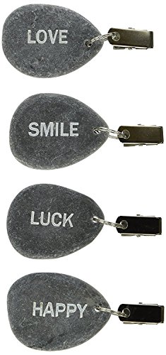 WHW Whole House Worlds Natural Word Art Table Cloth Weights, Set of 4 Clip Hangers, Smile, Love, Luck and Happy, Silver Metal Hardware