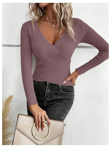 SOLY HUX Sweaters for Women V Neck Criss Cross Wrap Front Long Sleeve Sweater Knit Pullover Fall Tops4