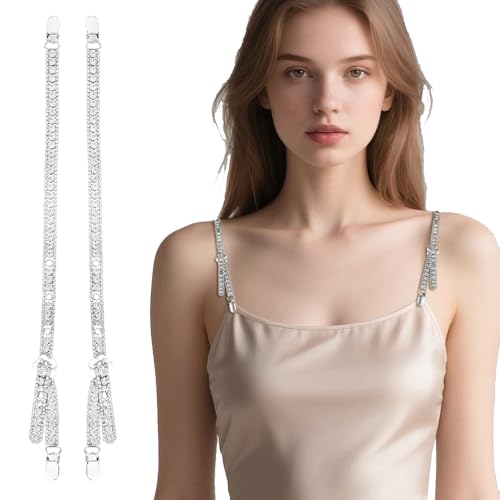 JINGSHIYUAN 1 pair of clip Rhinestone shoulder straps dress decorative chain metal accessories adjustable sexy exposed shoulder straps (Silver)
