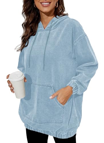 Aomice Women's Denim Hoodie Long Sleeve Pullover Sweatshirt Jean Jacket with Pocket Light Blue XL