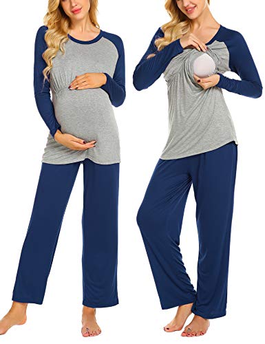 Ekouaer Ultra Soft Sleepwear Set Nursing Pajamas Breastfeeding Scoop Neck Tops Maternity Long Pants Pajamas Suit PJ Set (Navy L)