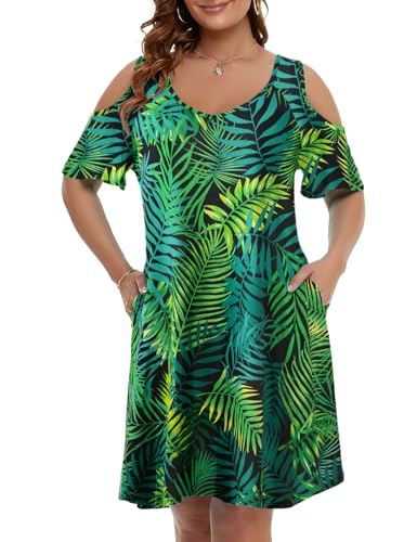 Image of JollieLovin Womens Plus Size Short Sleeve Cold Shoulder V Neck T-Shirt Dress with Pockets