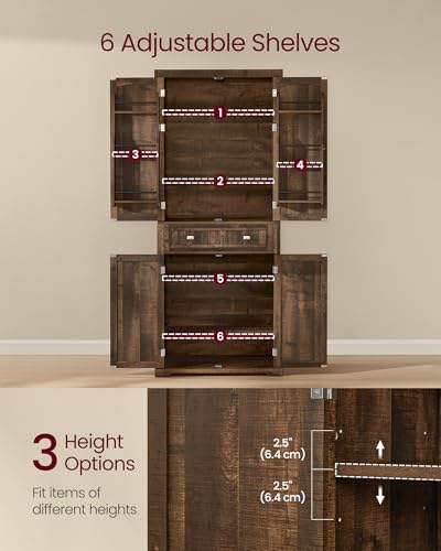 Image of VASAGLE Pantry Cabinet, Tall Storage Cabinet with Drawer, 71.7-Inch | Freestanding cupboard with 2 cabinets, 6 adjustable shelves, Deep Brown, UBBK561K01
