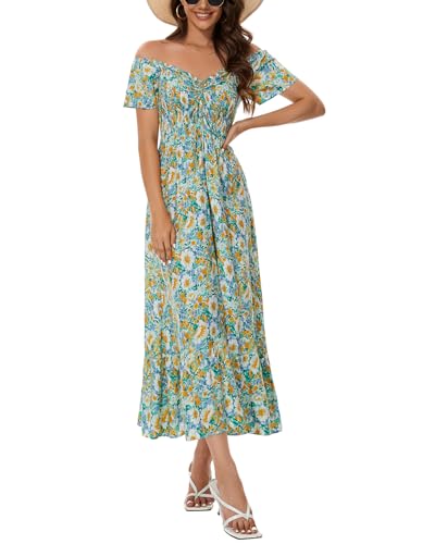 Image of Summer Smocked Boho Maxi Dress for Women 2026 Short Sleeve Floral Smocked Flowy Ruffled Beach Vacation Dresses Lightweight