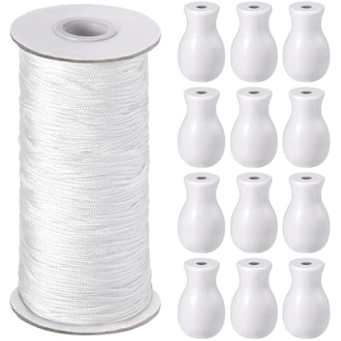 Windyun 109.36 Yards White Roman Blind Cord 1.8 mm Braided Lift Shade Cord and 12 Pieces White Wood Blind Pull Cord Knobs for DIY Roman Blind, Curtain Craft Cover
