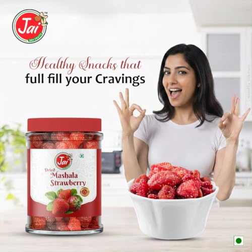 Image of JAI DRY FRUITS MASHALA Strawberry | Chatpata Dry Strawberry | Premium Dehydrated Snack | Tangy & Spicy & Sweet Healthy Fruit Snack | Ready to Eat | Rich in Fiber | Pack of 6 | 150g Each