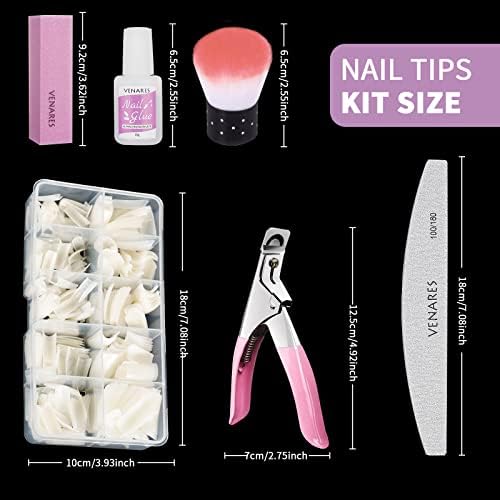 Nail Tips and Glue, Venares Fake Nail Tips Oval 500Pcs 10 Size French Tip False Nails with Glue Nails Files Nail Buffer Blocks Nail Brush Nail Clipper, Natural Falses Nail Tips and Glue Gel Kit