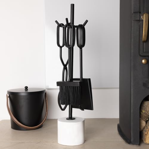 Image of Charles Bentley Snug Birch Fireside Companion Set with Stand Poker Shovel Brush Tongs Tool Stand Iron Matte Black Finish