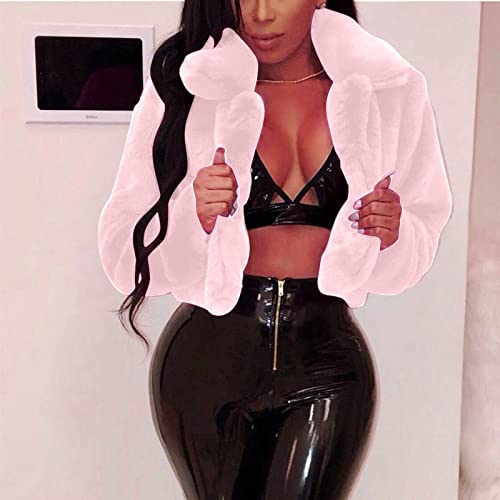 Faux Fur Jackets For Women Winter Warm Fluffy Fleece Crop Outerwear Oversized Soft Coats Jacket Trendy Short Tops Pink #TOP1