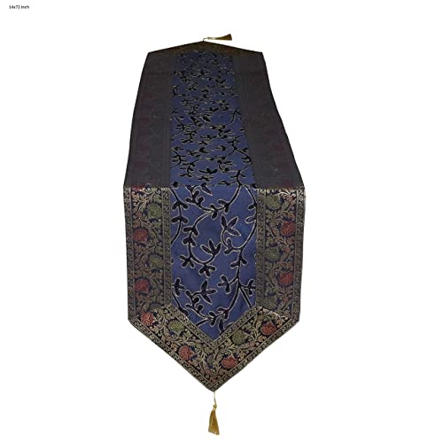United Craft Art Traditional Floral Embroidery Dining Table Runner,V Shape Ethnic Floral Silk Brocade Table Clothes Runner For Wedding Decor, Birthday Party Decor (Blue 14X72 Inch) #TOP2