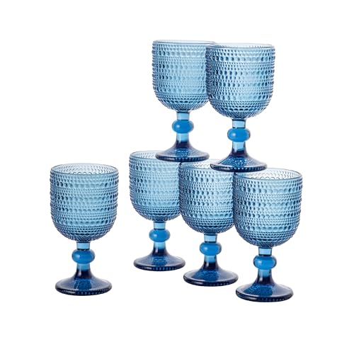 Baroni Home Set 6 pz Calici in Vetro Decorati con Rifiniture in Rilievo da 20 CL, Calici per Vino e Acqua Lavabili in Lavastoviglie, 8x8x14,5 cm, Blu