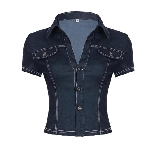 Women's Lapel Neck Bodycon Denim Shirt Single Breasted Retro Style