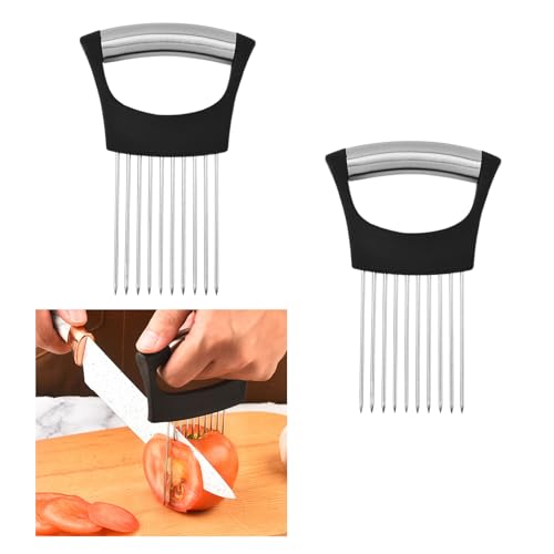 Dreamil Juego de cortadores de cebolla de acero inoxidable, 2 soportes para cebolla, de acero inoxidable, para cortar, utensilios de cocina para cebollas, tomates, verduras y frutas (negro)