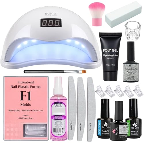 Kit Unhas de Gel Completo Iniciante com Tips Molde F1, Cabine Sun 5 LED UV 48w Digital, Polygel, Esmalte em Gel