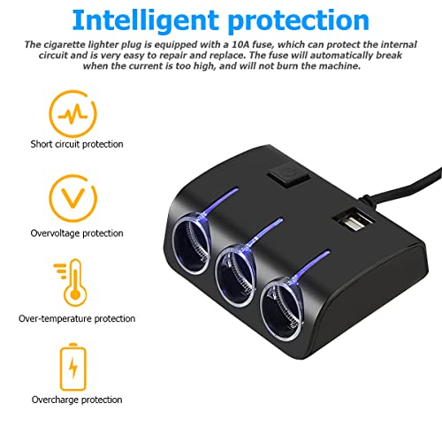 Moioee Car Cigarette Lighter Adapter, 12V/24V 3 Socket Power Splitter, Cigarette Lighter Adapter With 2 Usb Ports, Multifunctional Auto Charger, Led Indicator & Independent Switch For Usb (Black) #TOP3