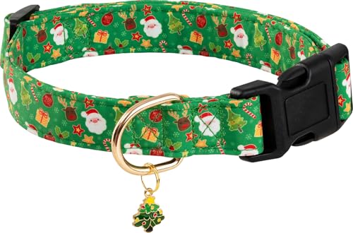 PREHAI Green Christmas Dog Collar - Soft Adjustable Special Design with Christmas Trees Charm for Small Medium & Large Dogs