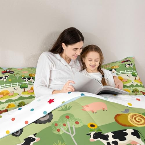 Image of Feelyou Kids Cartoon Farm Animals Comforter Set Girls Boys Cute Pig Cow All Season Down Comforter Kawaii Horse Chicken Duck Bedding Set Room Decor Funny Farm Nursery Quilt King Size 3Pcs Boys