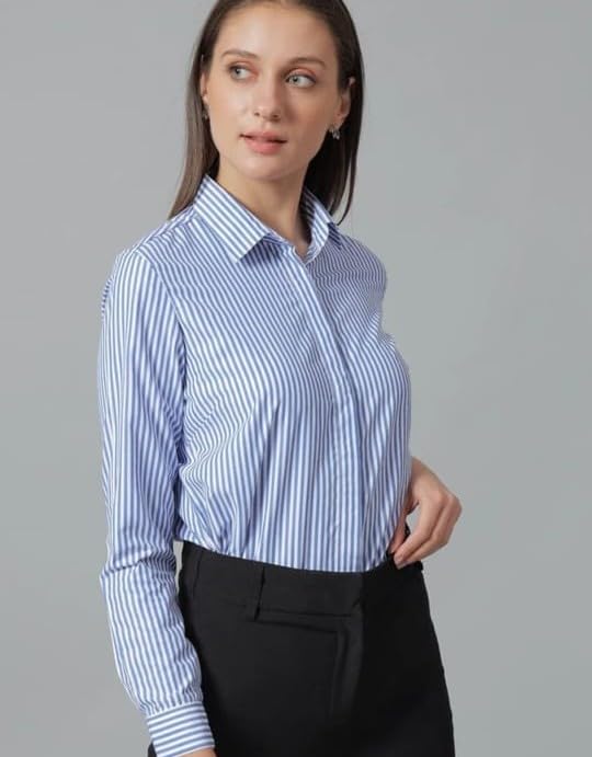 Image of Women's Striped Button Down Shirt Classic Collar 3 /4 Sleeve Breathable Lightweight Office Work Blouse Casual Formal top Tailored fit Summer Spring Fall Versatile Wardrobe Essential