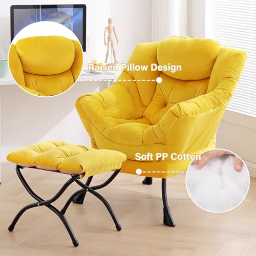 Image of Tiita Lazy Chair with Ottoman, Yellow Modern Large Accent Armchair, Comfy Leisure Sofa Reading Chair with Footrest for Bedroom, Living Room, Dorm Rooms, Garden, Velvet Yellow