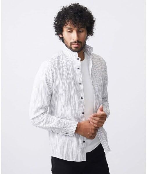 【関税込み】[ミッシェルクランオム] ストライプタックスタンドカラー長袖シャツ