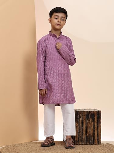 Image of Pro-Ethic Style Developer Men Silk Striped Father Son Matching Ethnic Wear Embroidery Mirror Work Kurta Pyjama Set |(Combo)B-117