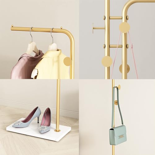 EOGILY Metal Coat Rack Freestanding,Sturdy Coat Racks Hanger Stand with Hooks and Natural Marble Heavy Base,Clothes Stand Hat Hanger for Bedroom/Hallway/Entryway/Living Room/Home (Single Rod-Gold)