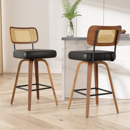 Image of Swivel Bar Stools Set of 2, 26 inch Upholstered Faux Leather Counter Height Barstools with Rattan Back & Bentwood Legs, Mid Century Modern Bar Chairs Island Stools for Kitchen Counter, Black