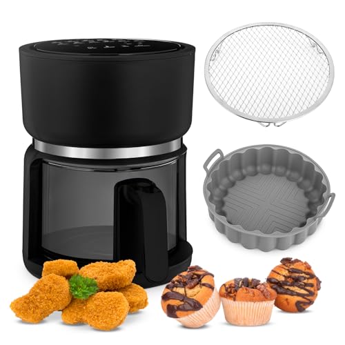 4SWISS Pure Glass – Fettfreie Heißluftfritteuse mit Glasschublade, Top Hygiene System, 12 Programme, energieeffizient und stilvoll – Perfekt für gesundes und modernes Kochen