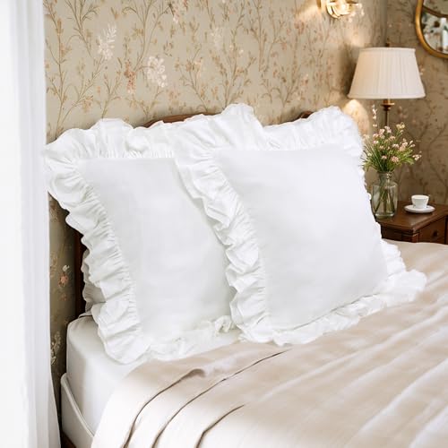 Lemfux White European Pillow Shams Cotton Ruffle Euro Pillow Shams 24x24inch, Set of 2, Shabby Chic Decorative Pillow Covers Feminine Ruffled Pillow Cases Pillow Covers for Couch Throw Pillow Cases