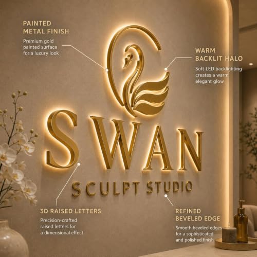 Image of Custom 3D Backlit Letters Business Sign, Personalized Reverse Channel Signs | Custom Illuminated Business Logo Sign for Wall, Company Storefront Home Office Salon Cafe Studio