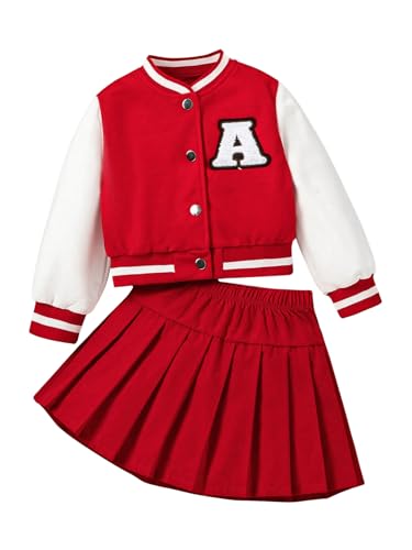 Image of MakeMeChic Girl's 2 Piece Outfits Color Block Long Sleeve Button Down Jacket and Pleated Skirt Set