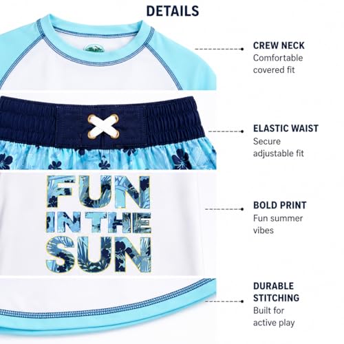 Image of Quad Seven Boys 2-Piece Rash Guard Swimsuit Set Short-Sleeve (Sizes 5-12) | Lightweight Quick-Dry Fabric with Sun Protection, Matching Top & Trunks, Adjustable Drawstring Waist for Pool or Beach Days