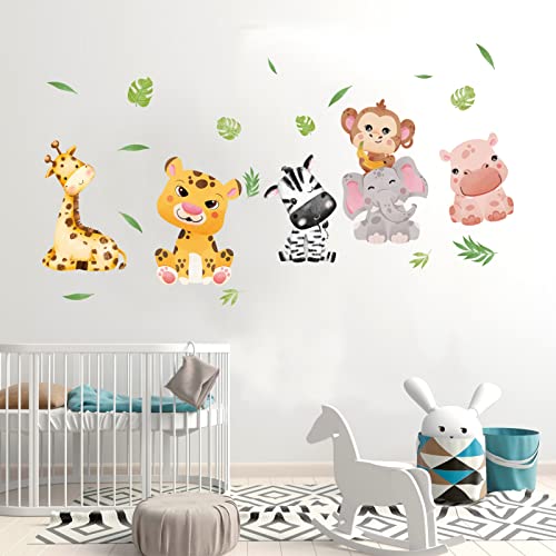 AnFigure Jungle Safari Animals Wall Stickers Elephant Monkey Giraffe Zebra Hippo Wall Decals Kids Baby Boys Girls Room Nursery Playroom Wall Sticker Childrens Babies Neutral Palm Leaf Crib Wall Decor - Image 3